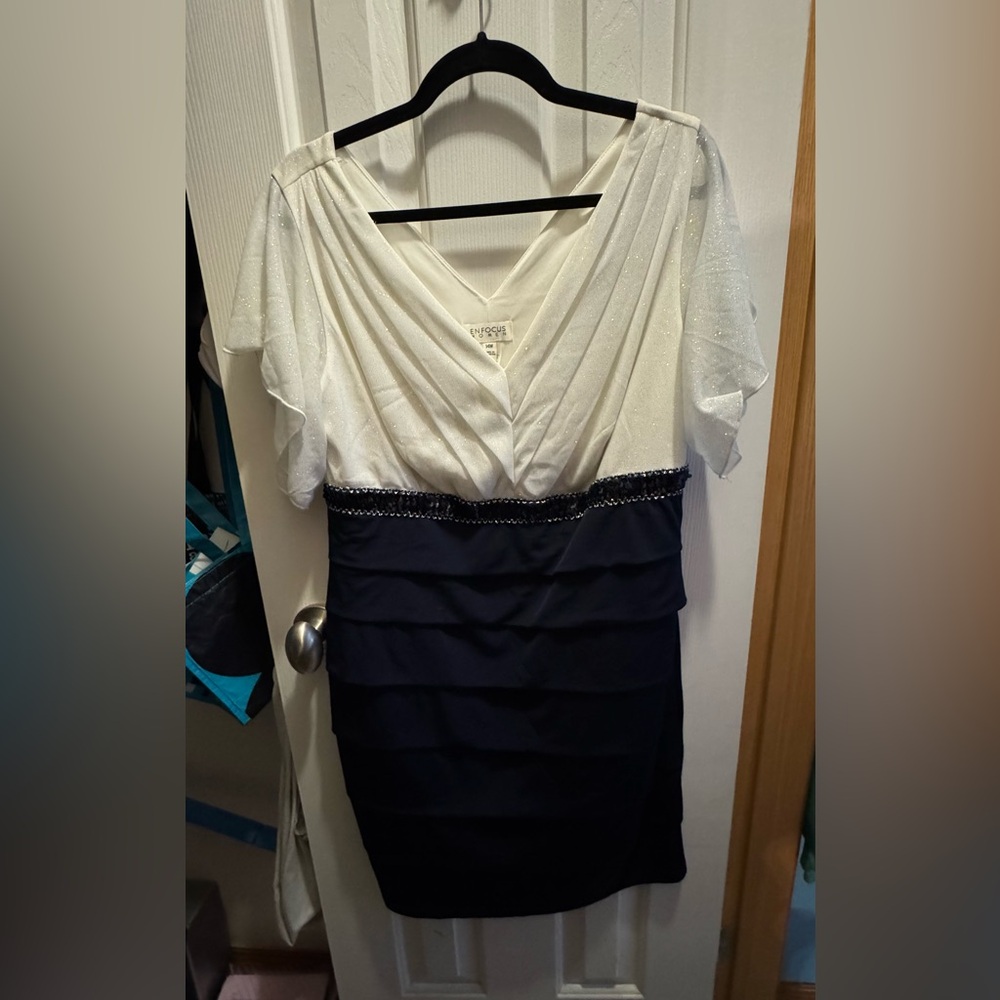 Enfocus Studio Elegant White Sparkle and Navy Dress